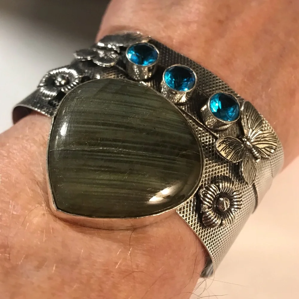 Labradorite Blue Topaz Stamped 925 Sterling Silver Cuff Bracelet